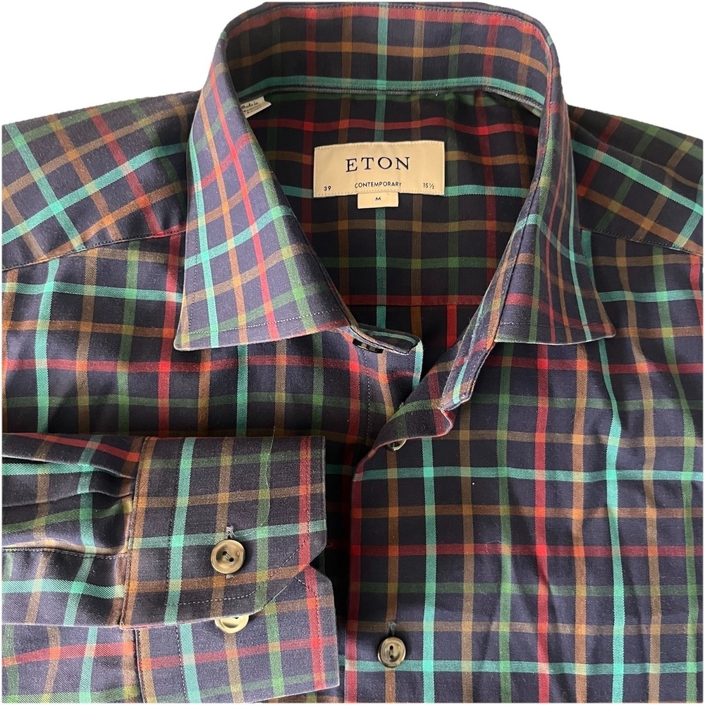 Eton Plaid Button up Mens M Blue Multicolor Contemporary Fit Dress Shirt Luxury